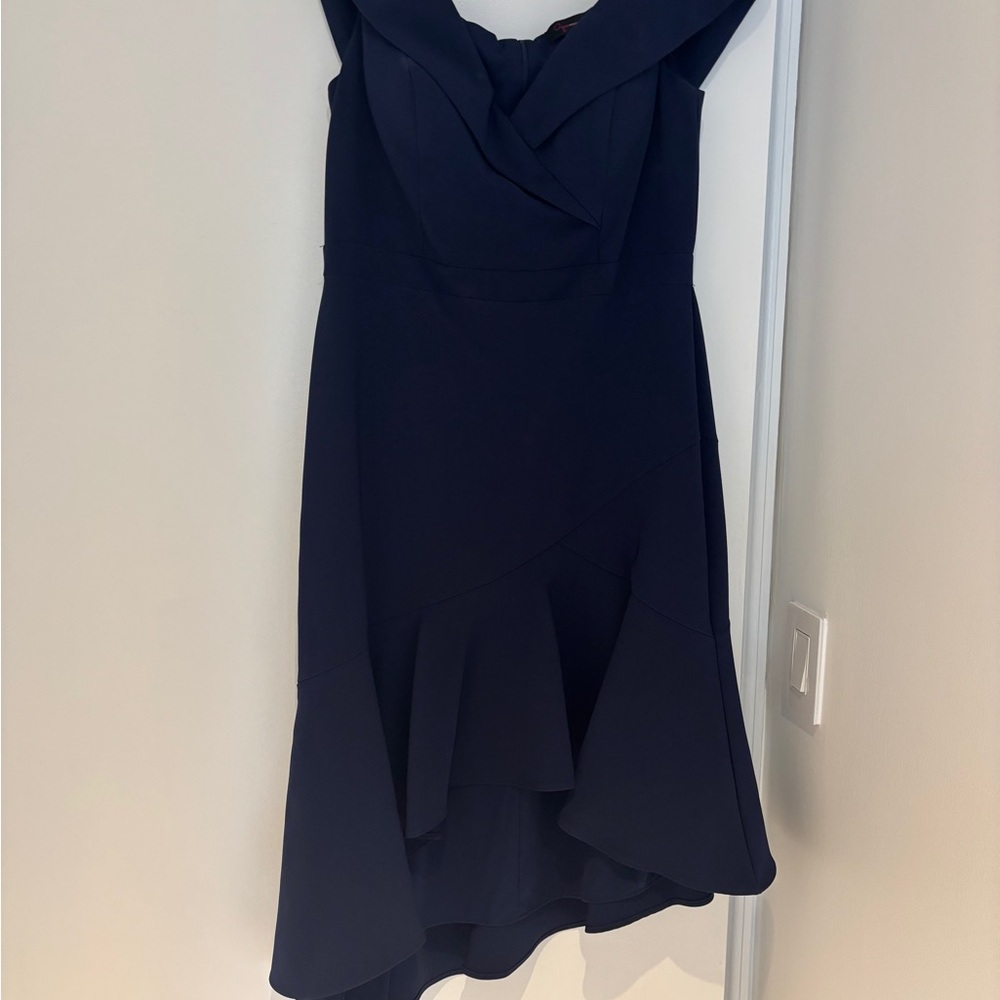 Aqua Off-the-Shoulder High Low Navy Blue Women's Dress Worn Once Crepe